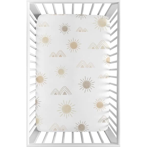 slide 2 of 6, Boho Desert Sun Taupe Fitted Mini Portable Crib Sheet Neutral Tan Beige Ivory Gold Cream Bohemian Mountain Geometric Sunshine