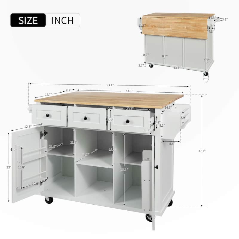 Kitchen Cart with Rubber wood Drop-Leaf Countertop ,Cabinet door internal storage racks,Kitchen Island on 5 Wheels