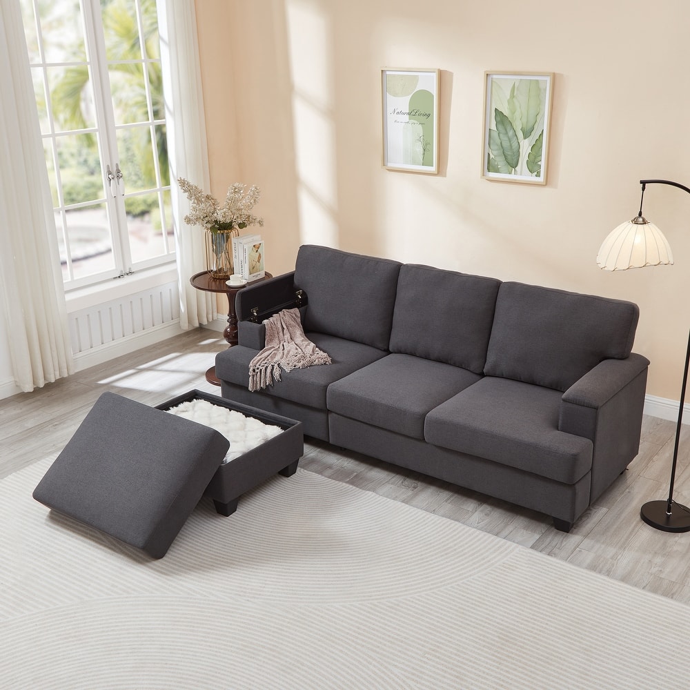 L-shaped Chaise Sectional Sofa with Movable Ottoman, Hidden Storage in Armrests & Seats, Storage Couches with Thick Cushions
