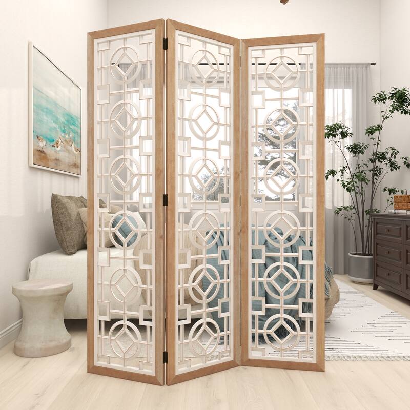 Wood Geometric Hinged Foldable Partition 3 Panel Room Divider Screen with Intricately Carved Designs - White - Roche River Decor