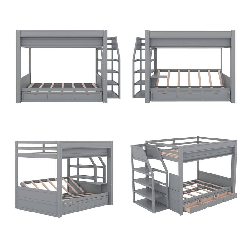 Gray Full Size Bunk Bed with Convertible Daybed, Storage Staircase, and 3 Drawers for Extra Space