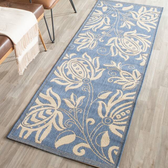SAFAVIEH Courtyard Leatrice Indoor/ Outdoor Patio Backyard Rug - 2'3" x 14' Runner - Blue/Natural