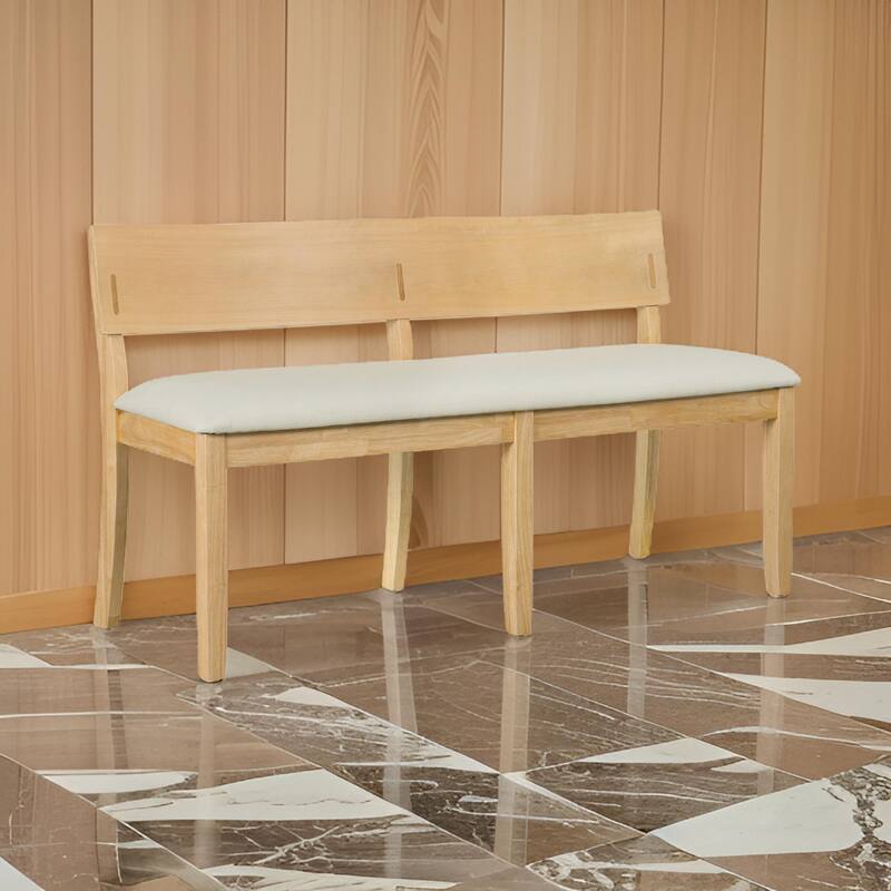 Celi 53 Inch Dining Bench, Cream Fabric Seat, Natural Brown Wood Frame