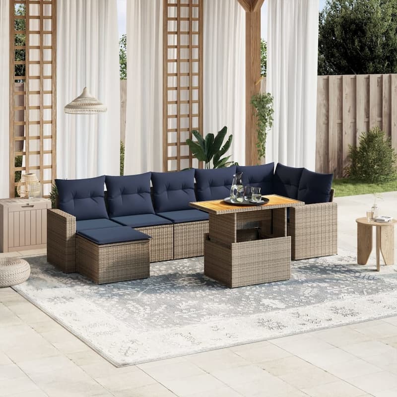 vidaXL Patio Sofa Set with Cushions Outdoor Furniture 8 Piece Poly Rattan - 24.4 x 24.4 x 27.2 - Grey and Navy Blue