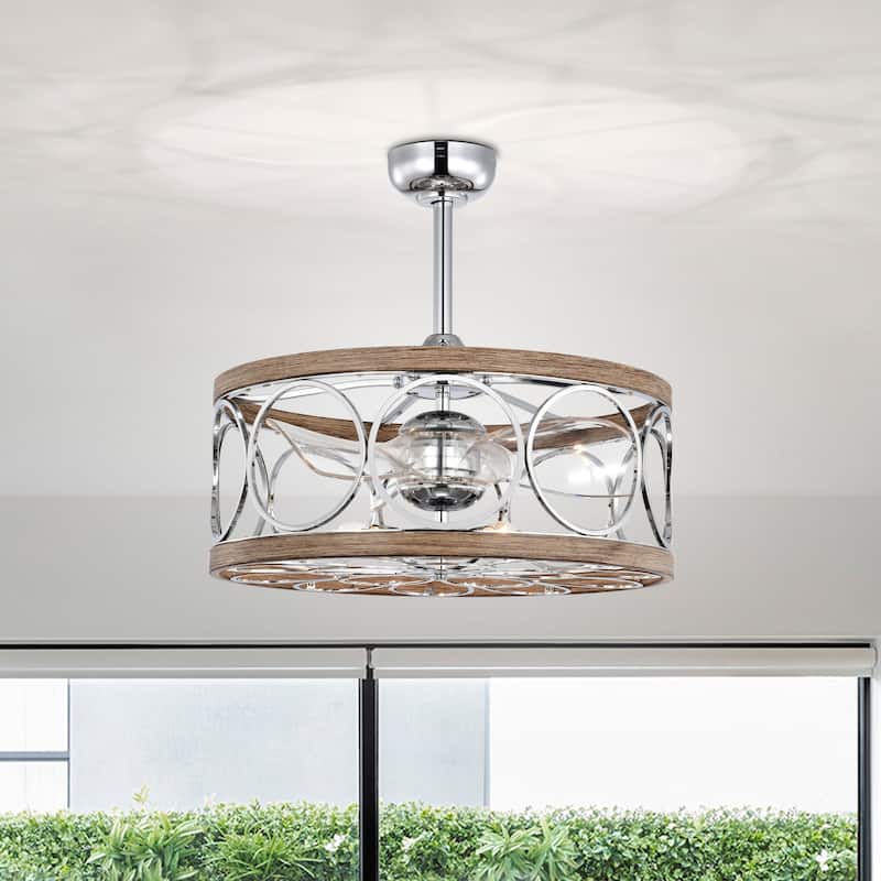 Ofelia 24-inch Chrome and Faux Wood 6 Lights 3 Blades Lighted Ceiling Fan with Remote