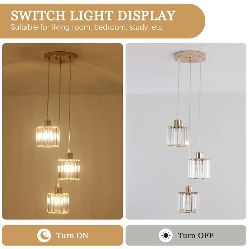 3-Light Modern Metal Hanging Pendant Light Ceiling Light Chandelier with Crystal Cover for Kitchen Island