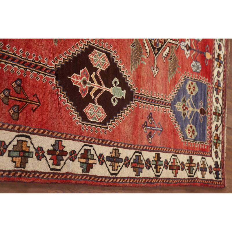 Hand Knotted Oriental 100% Wool Carpet Traditional Tribal Red Shiraz Area Rug - 9' 5'' X 5' 3''