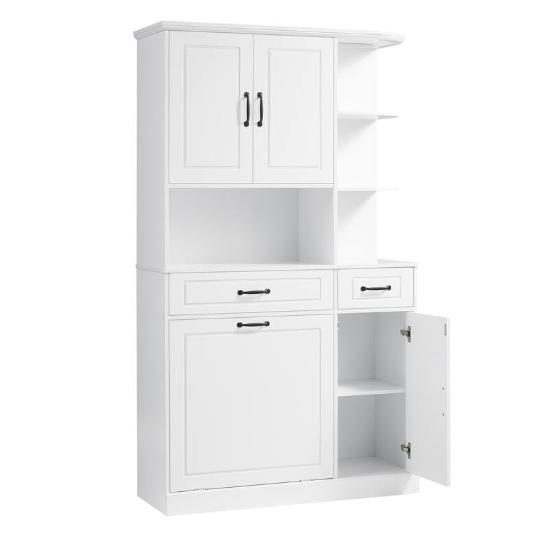 Roomfitters 70" Tall Storage Cabinet with Tilt-Out Hamper, 3 Drawers & Open Shelving, Modern MDF Linen Tower, White