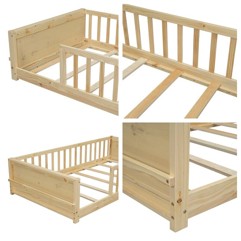 Twin Size Wood Floor Platform Bed with Built-in Book Storage Rack