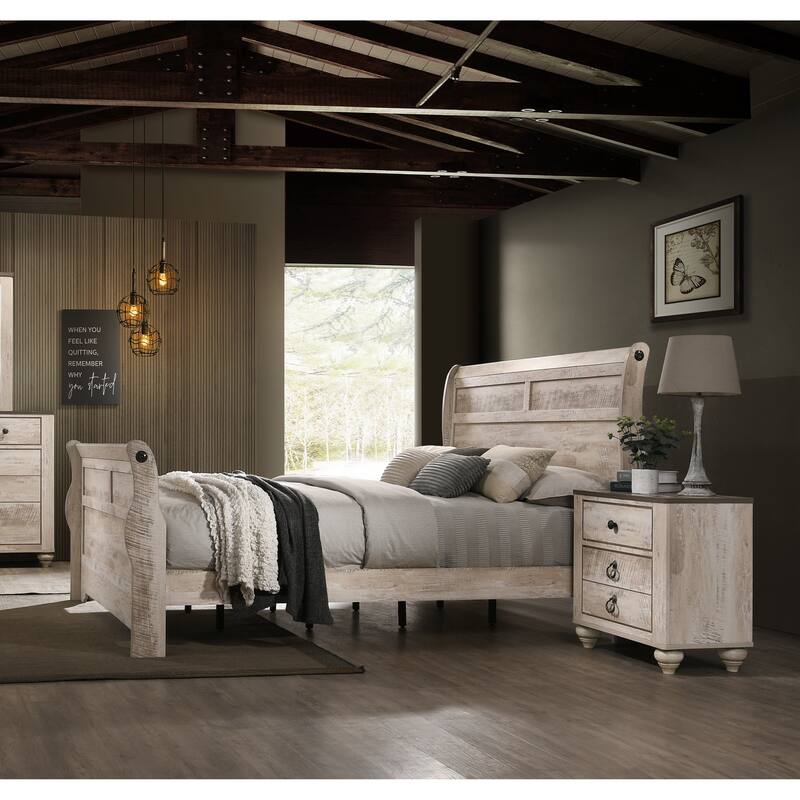 Imerland Contemporary White Wash Finish 3-Piece Bedroom Set-Sleigh Bed and Two Nightstands, King Size - Walnut Brown
