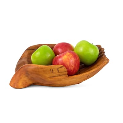 12" Wooden Hand Carved Decorative Two Hands Fruit Salad Serving Bowl Centerpiece Handmade Home Decor Artwork Handcrafted Storage