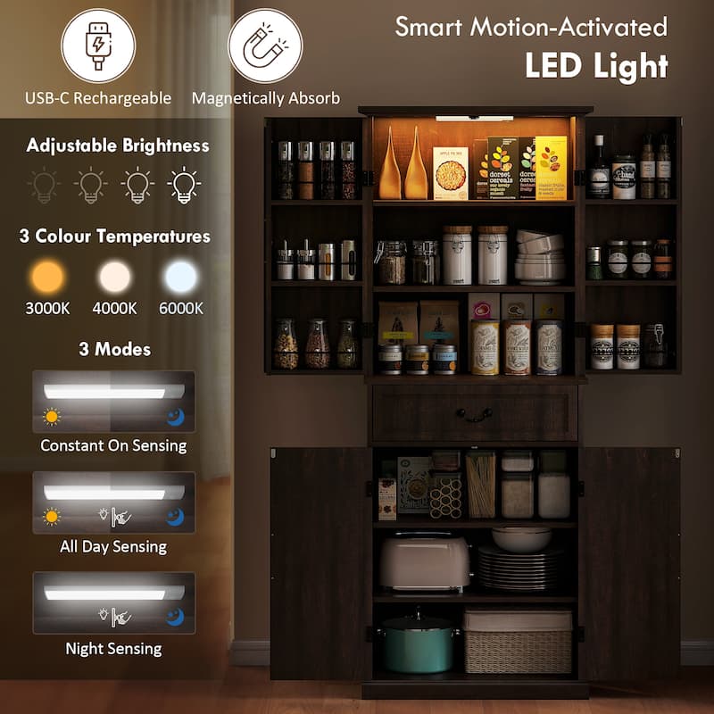 HOMCOM 71" LED Kitchen Pantry Cabinet, Farmhouse Tall Freestanding Storage Cabinet with Door Shelves for Kitchen and Dining Room