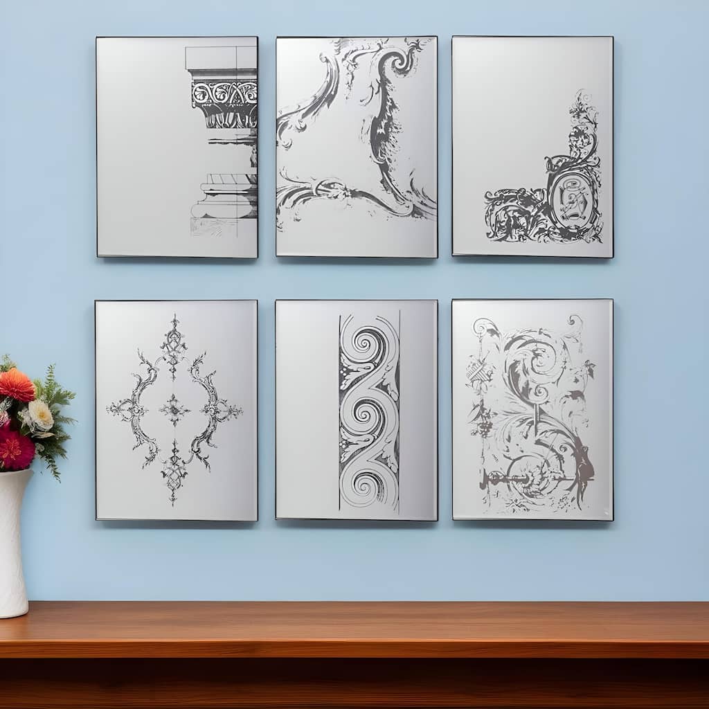 HomeRoots Set of Six Decorative Antiqued Glass Black Metal Framed Mirror Set - 15' X '20' X '0.6