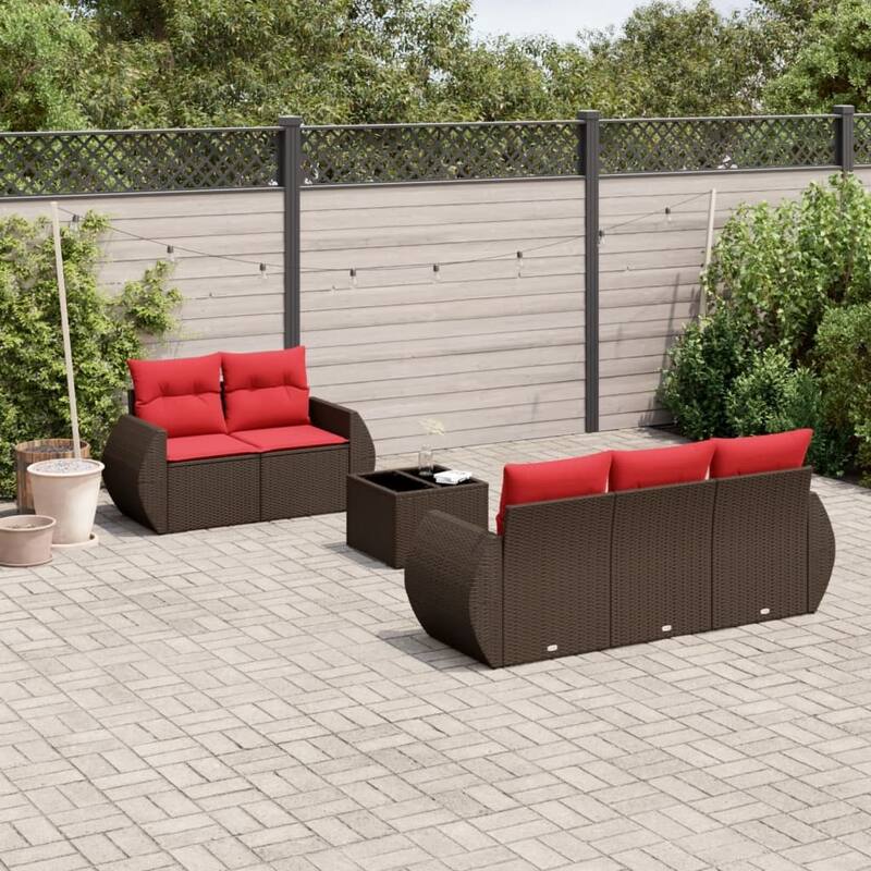 vidaXL Patio Sofa Set with Cushions Outdoor Conversation Furniture Poly Rattan - 21.7 x 24.4 x 27.2 - Brown and Red