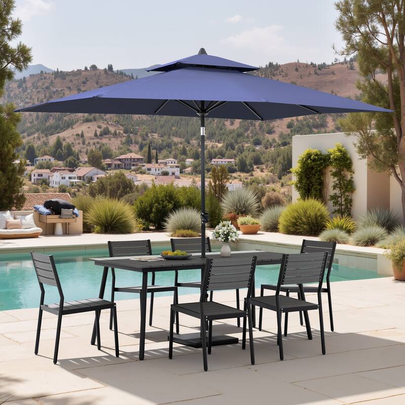 9 PC Outdoor Patio Dining Set Wood-Like Aluminum Umbrella Hole Table with Stackable Chairs,Double Top Market Umbrella and Base - GreyTable&GreyChairs&NavyBlueUmbrella