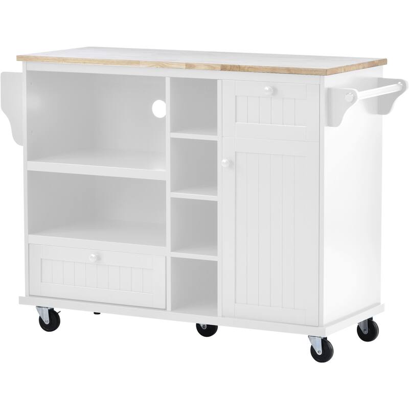 Kitchen Island with Solid Wood Desktop, Kitchen Island Cart on Locking Wheels, Rolling Island Cart with Cabinets & Drawers