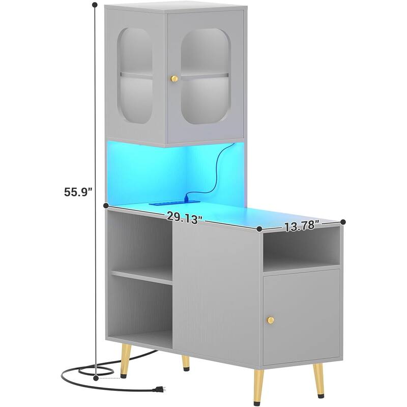 Reversible Corner Storage Cabinet with LED Lights and Power Outlets and Doors,Bed Side Table,Sofa Side Table