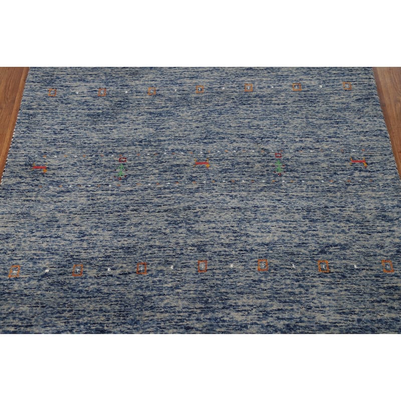 Striped Blue Gabbeh Oriental Rug Hand-Knotted Wool Carpet - 4'0" x 5'10"