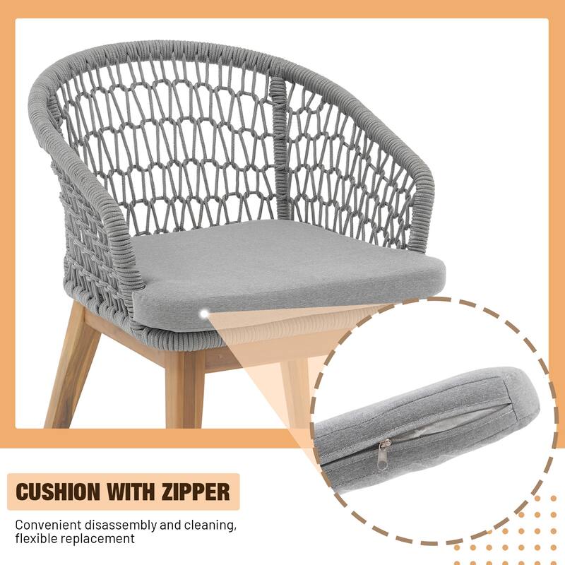 Outdoor Wooden Dining Table Set with 6 Woven Rope Chairs