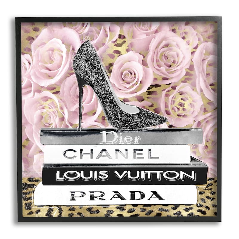 Stupell Glam High Heel Shoe Fashion Book Stack Cheetah Framed Wall Art - Black