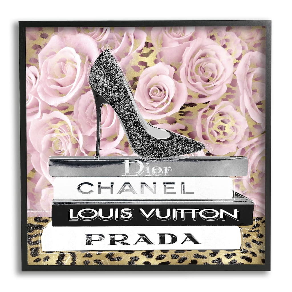 Stupell Glam High Heel Shoe Fashion Book Stack Cheetah Framed Wall Art - Black
