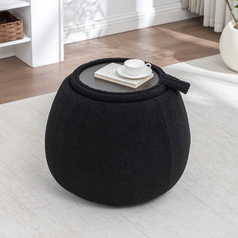 SEYNAR 25" Faux Sherpa Round Storage Ottoman - Large Cozy Bouclé Footrest Stool