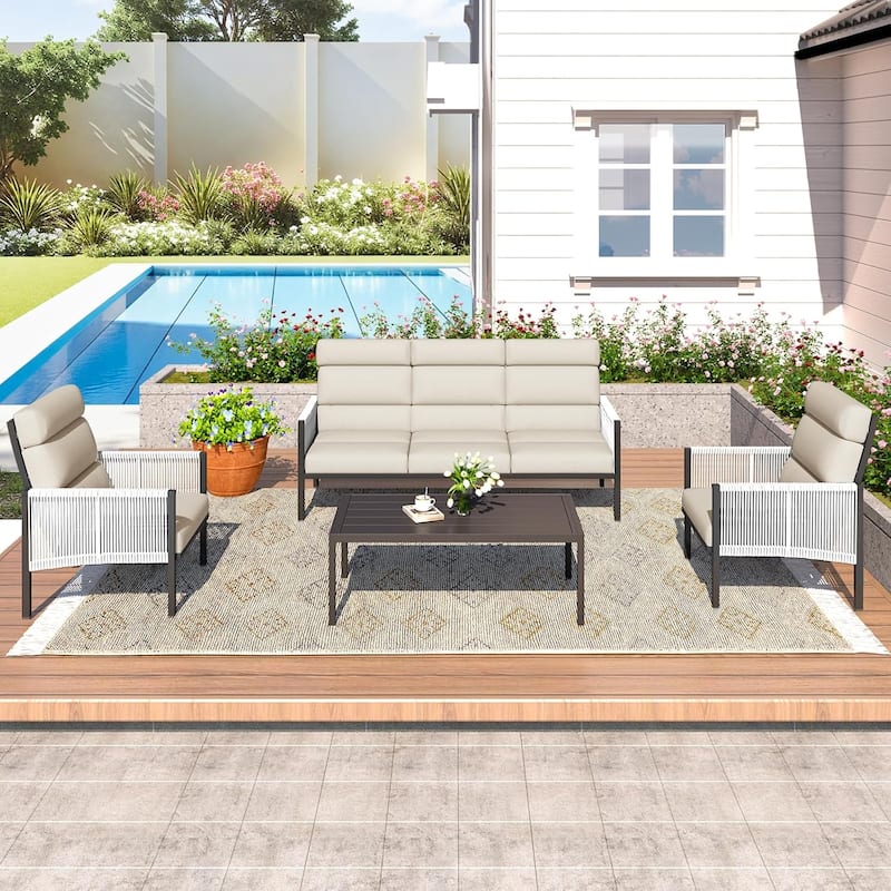 AECOJOY 4 Pieces Outdoor Aluminum Patio Furniture Set with Coffee Table, Morden Outdoor Patio Sectional Furniture Set