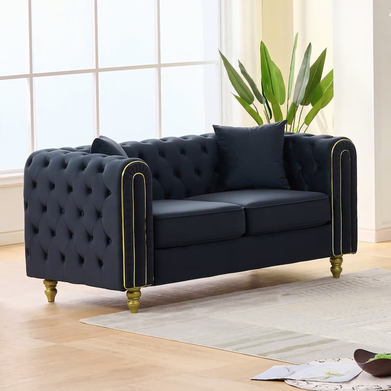 Roomfitters 63" Modern Upholstered Chesterfield Loveseat with Gold Trim, Button Back 2-Seater Couch for Small Spaces