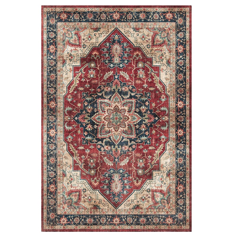 Gertmenian Crystal Print Washable Digital Printed Flat Pile Polyester Slip Resistant Area Rug Collection - 6' x 9' - Soha Red