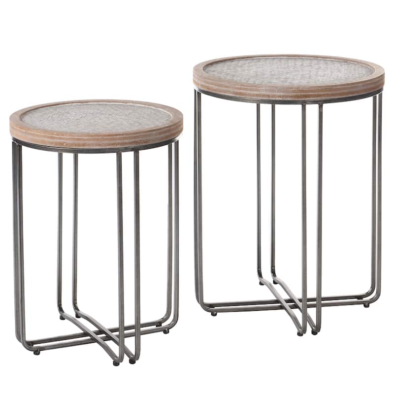 Porch & Den Larrabee Woven Rattan/ Wood Removable Top Round Metal Nesting Table (Set of 2)
