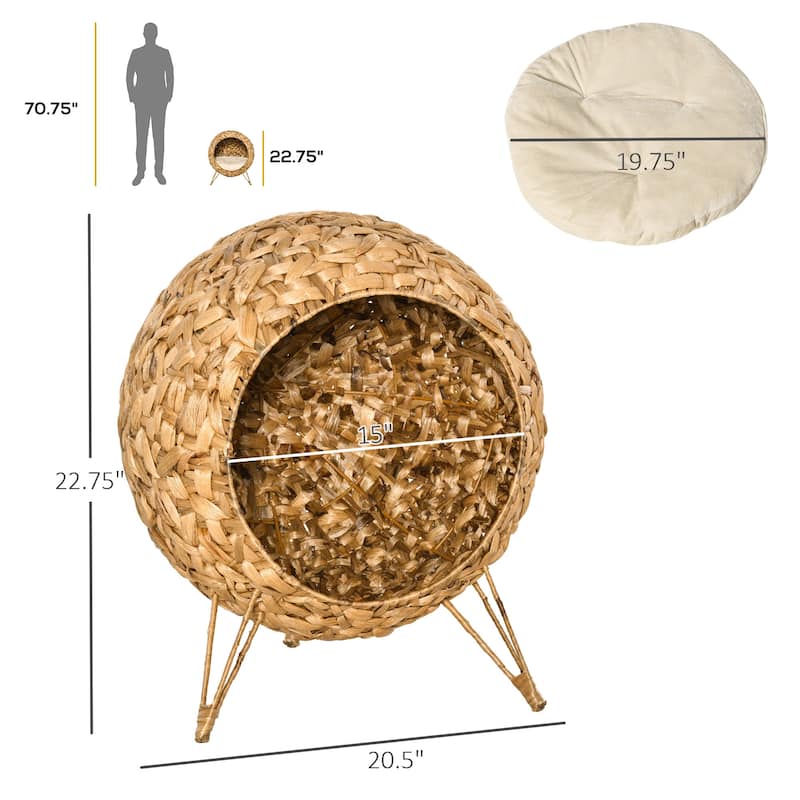 PawHut 20.5" Natural Rattan Cat House, Elevated for Comfort and Circulation, Cushion Included as Animal Bed