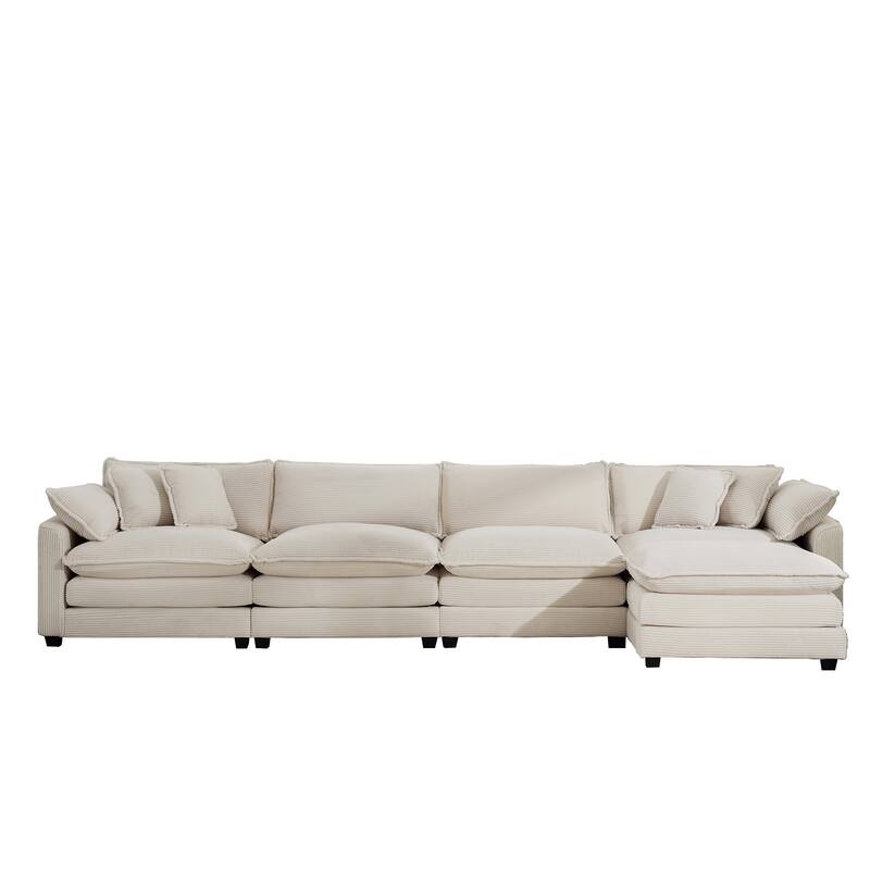 Beige 150" Corduroy Cloud L-Shaped Sectional Sofa with Removable Ottoman