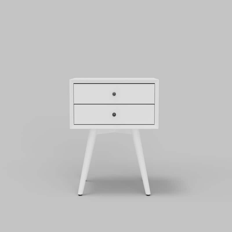 Small Mid-Century Modern Nightstand in White Finish with Tapered Legs and Smooth Ball-Bearing Drawer Glides
