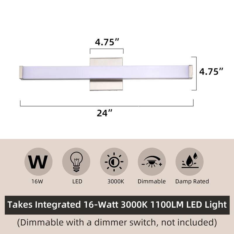 Modern Integrated LED Vanity Light Bar - 6 Variants (24in/30in, Matte Black/Brushed Nickel/Gold), 3000K, Damp Rated for Bathroom