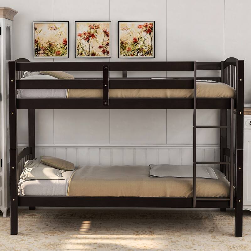Twin Over Twin Bunk Bed with Ladder & Guardrail, Solid Wood Bedframe