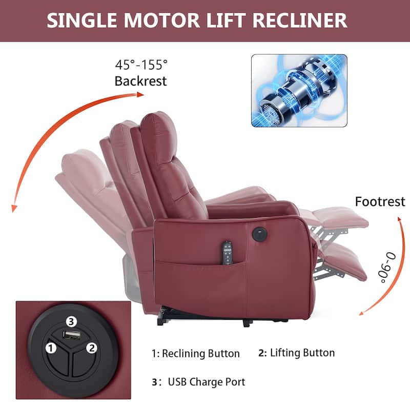PU Leather Recliner with Single Motor Lift Massage Heat and 155 Degree Recline