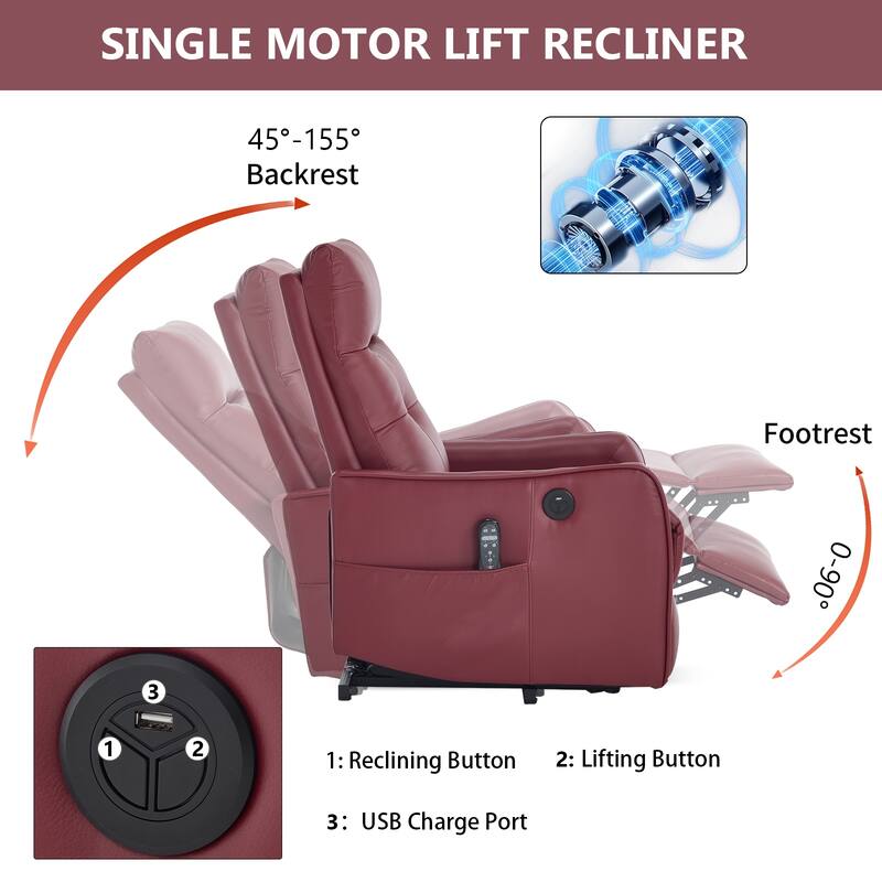 Power Lift Recliner Chair with Massage & Heat, PU Leather Single Motor Heavy Duty Recliner Chair, Lounge Chair with USB Port