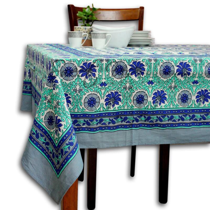 Cotton Biella Floral Geometric Tablecloth for Rectangle Tables - 70 x 104 in - Turquoise Blue
