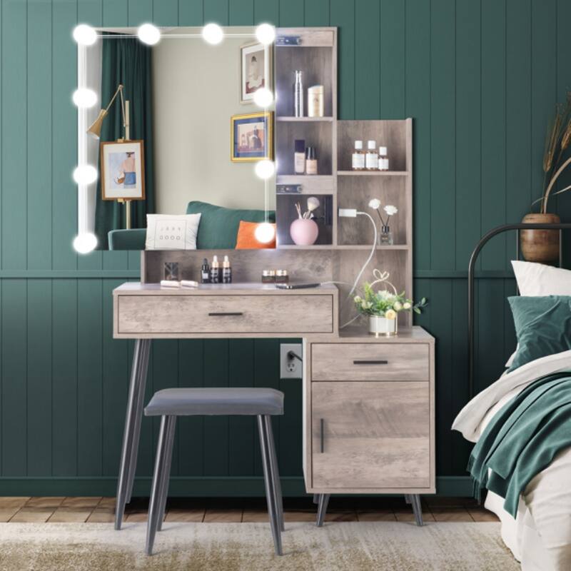Vanity Set with 3 Light Bulbs, Mirror Cabinet, and Storage - 43.3 x 15.7 x 63