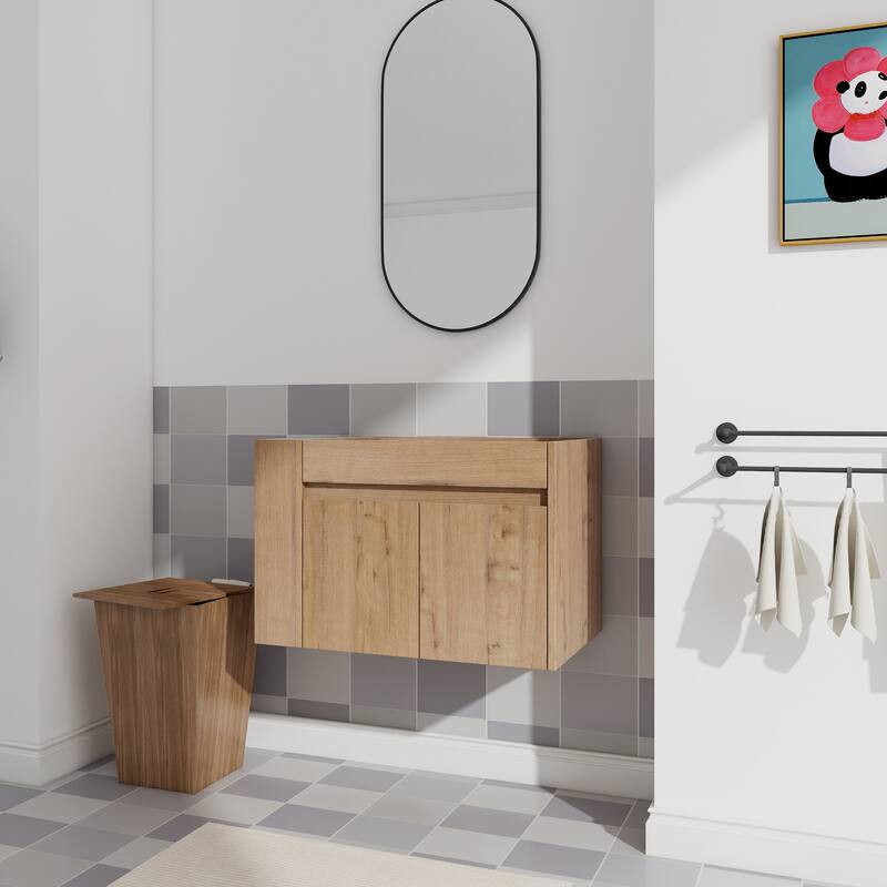 Compact Wall-Mounted Bathroom Vanity with Adjustable Open Shelf, 45° Inclined Handle Design - 29.13in L Plywood