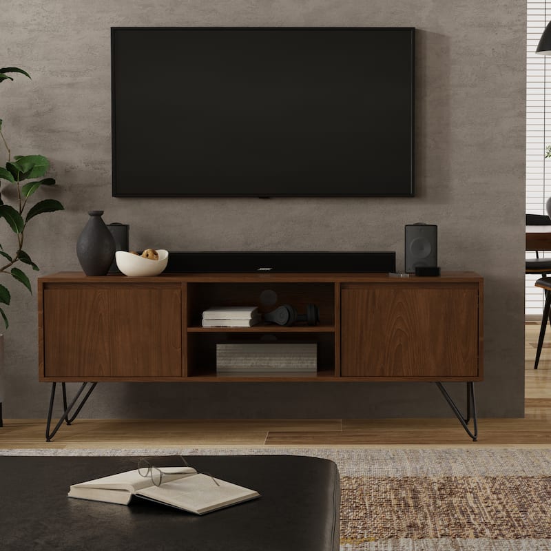 WYNDENHALL Moreno 60 inch Wide Industrial TV Media Stand For TVs up to 65 inches - 60"w x 18"d x 25" h - Walnut Veneer