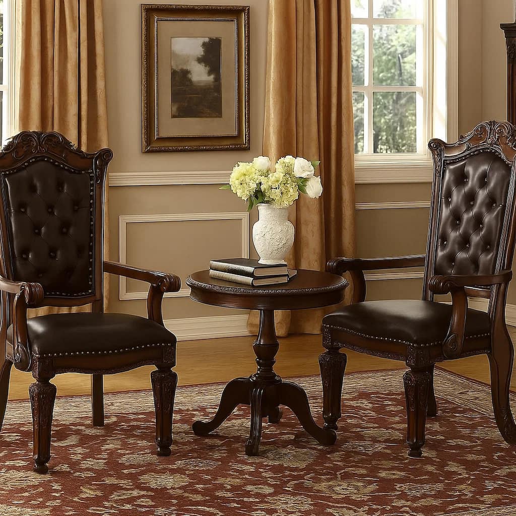 Leather Upholstered Button Tufted Wooden Side Chair, Set of Two,Brown