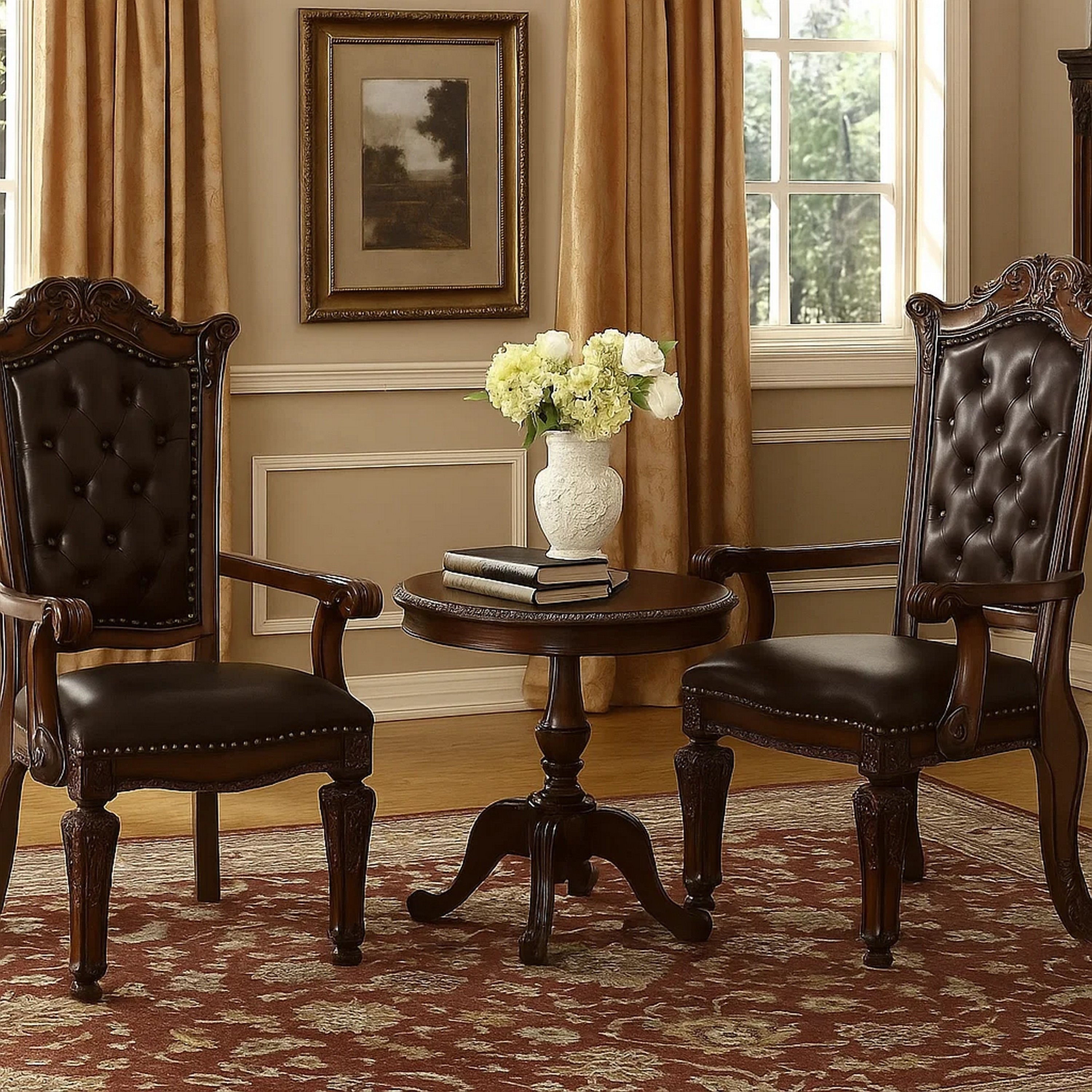 Leather Upholstered Button Tufted Wooden Side Chair, Set of Two