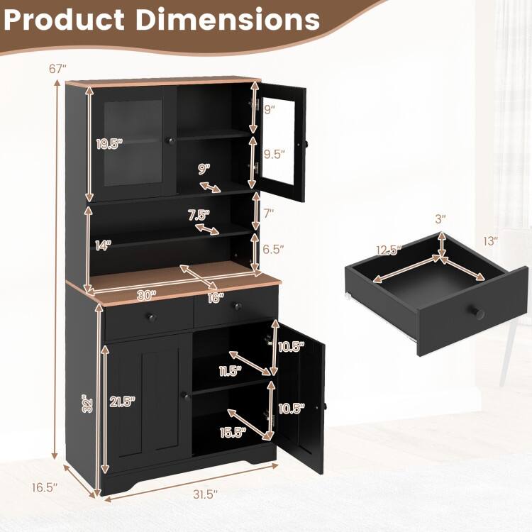 Pantry Cabinet with Glass Doors Adjustable Shelves and 2 Drawers for Kitchen Storage - 31.5" x 16.5" x 67"