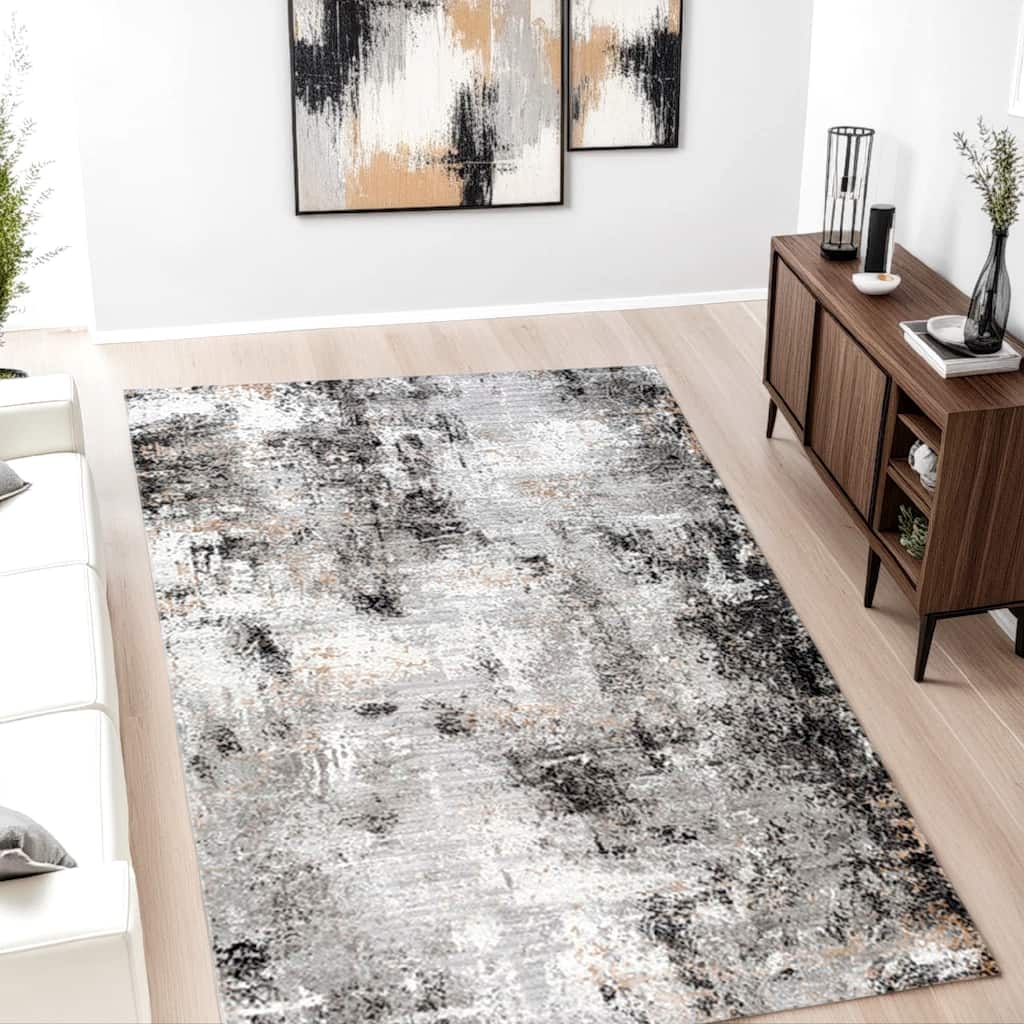 Ley 8 x 10 Large Area Rug, Paint Style Abstract Art Design, Black White - 8 x 10