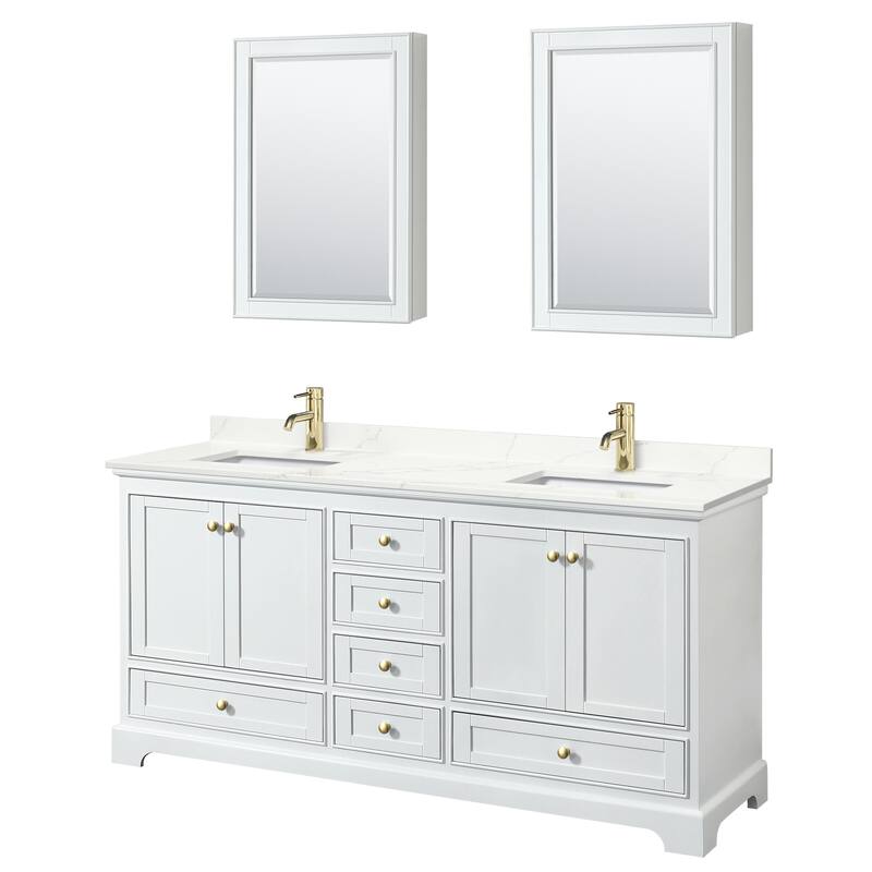 Deborah 72-inch Double Vanity, Quartz Top, Medicine Cabinets - White, Gold Trim, Giotto Quartz Top