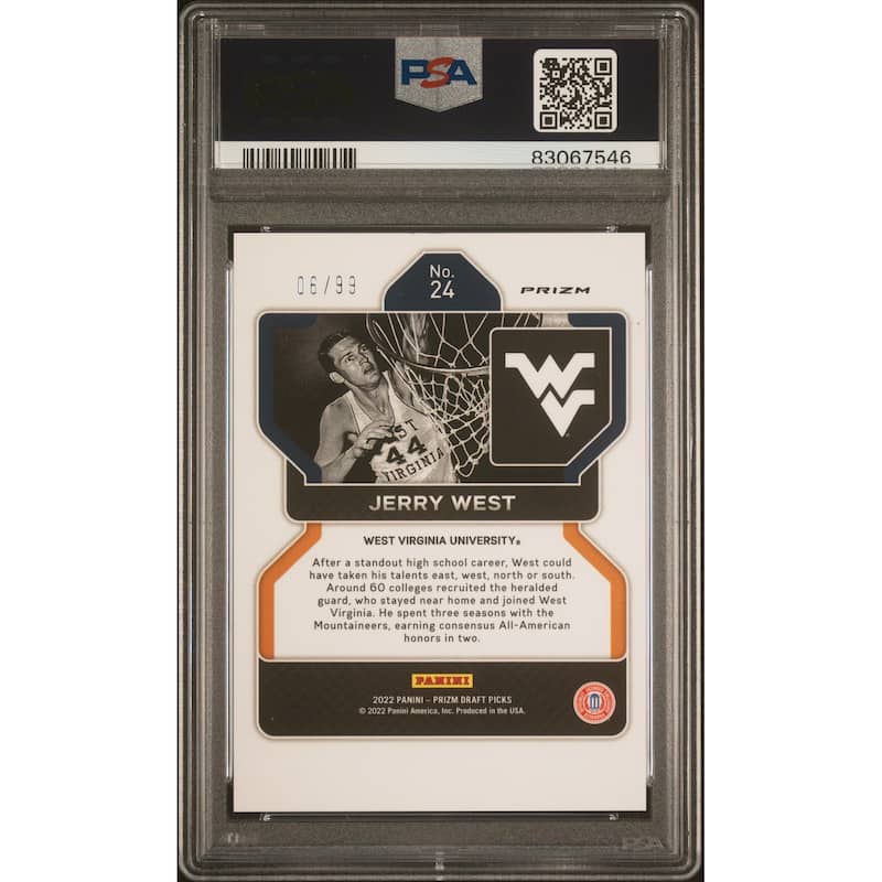 Jerry West 2022 Panini Prizm Blue Ice Signed Card #24 Auto Graded PSA 9 6/99 - 8'6" x 11'6"