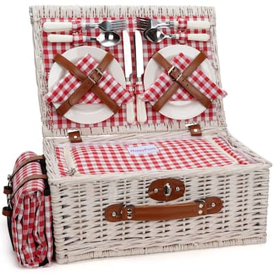 Fitted Picnic Baskets Cooler Set for 4 Persons with Large Waterproof Picnic Blanket, Insulated Compartment