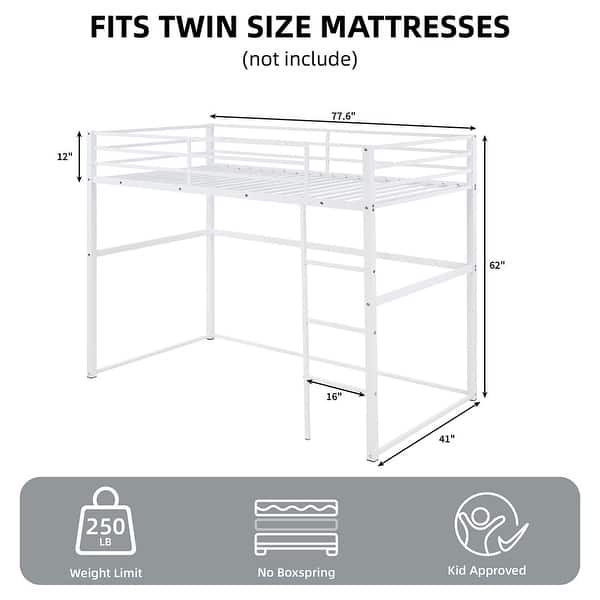 dimension image slide 0 of 3, Metal Loft Bed Twin, Loft Bed Frame with Guard Rails and Flat Ladder