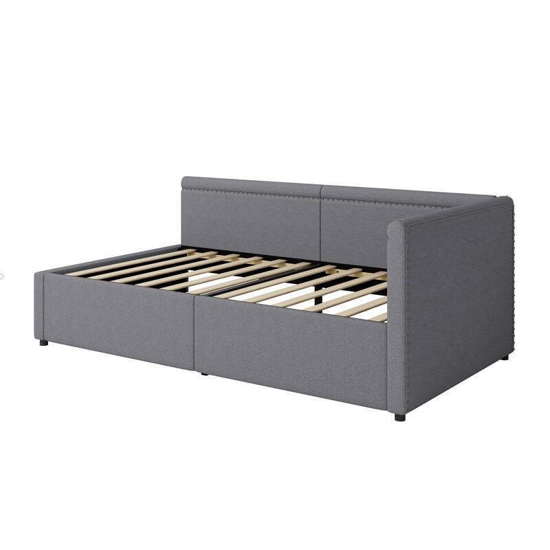 Twin Size Corner Daybed Linen Upholstered Bed Frame with Nailhead Trim, L Shape Sofa Bed with 2 Drawers Storage Bed